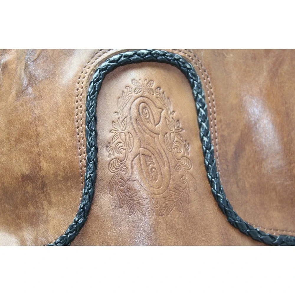 Sonora Tan Distressed Leather Tall Riding Boots Braided Trim Women 11 B SN 5228
